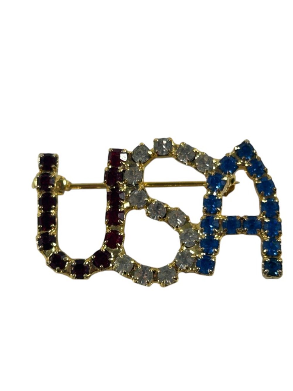 Vintage USA Rhinestone Brooch Red White Blue Patriotic America Pin 4th of July